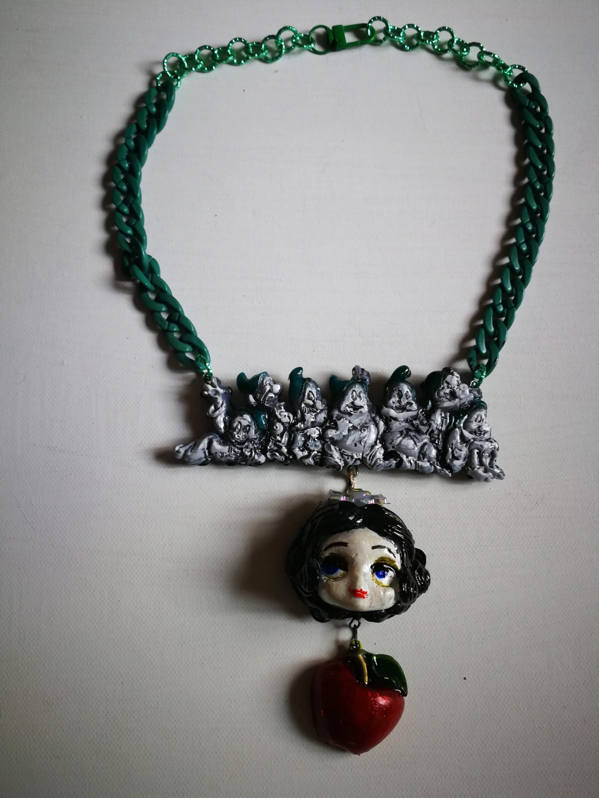 Whimsical Jewelry, Snow White & the Seven Dwarfs Necklace Manga Doll Fantasy Pendant Cartoonish Apple Charm