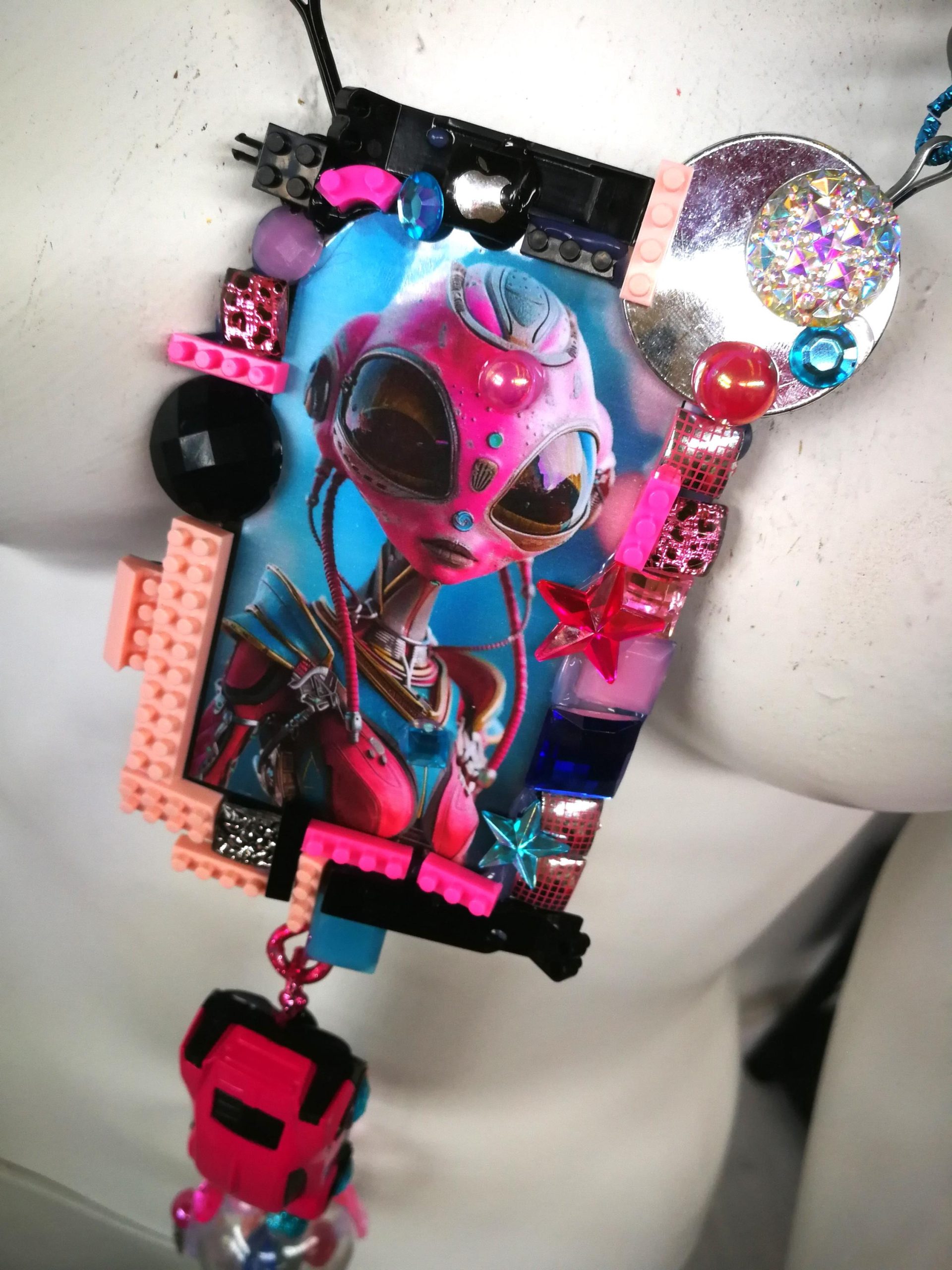 Futuristic OOAK Jewelry, Alien Statement Necklace UFO Area 51 Extraterrestrial E.T Design, Hi Tech Pendant