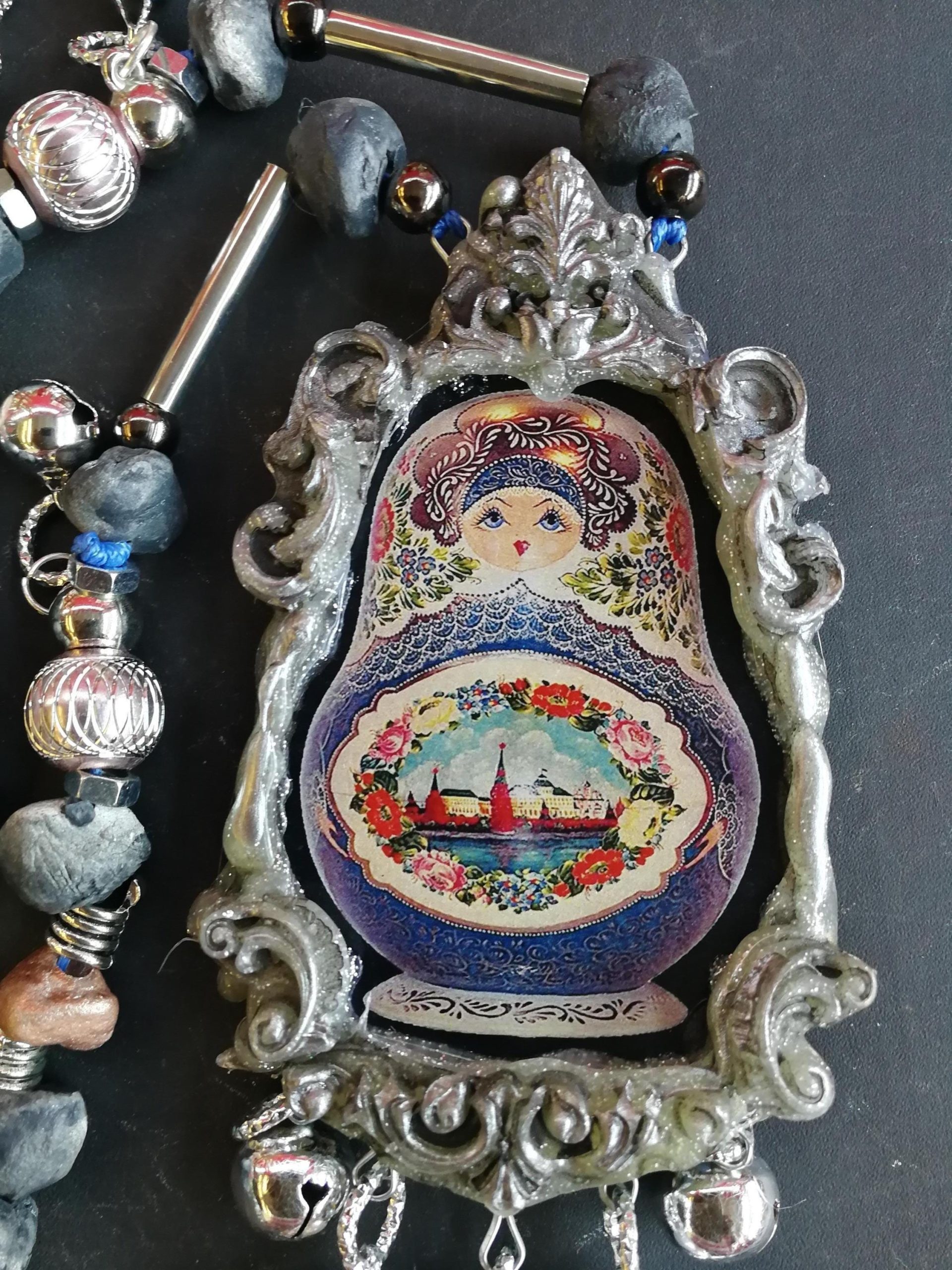 Matryoshka Dolls, Sculpture Statement Jewelry, Big Bold Chunky Necklace Traditional Folk Pendant Russian Folkloric