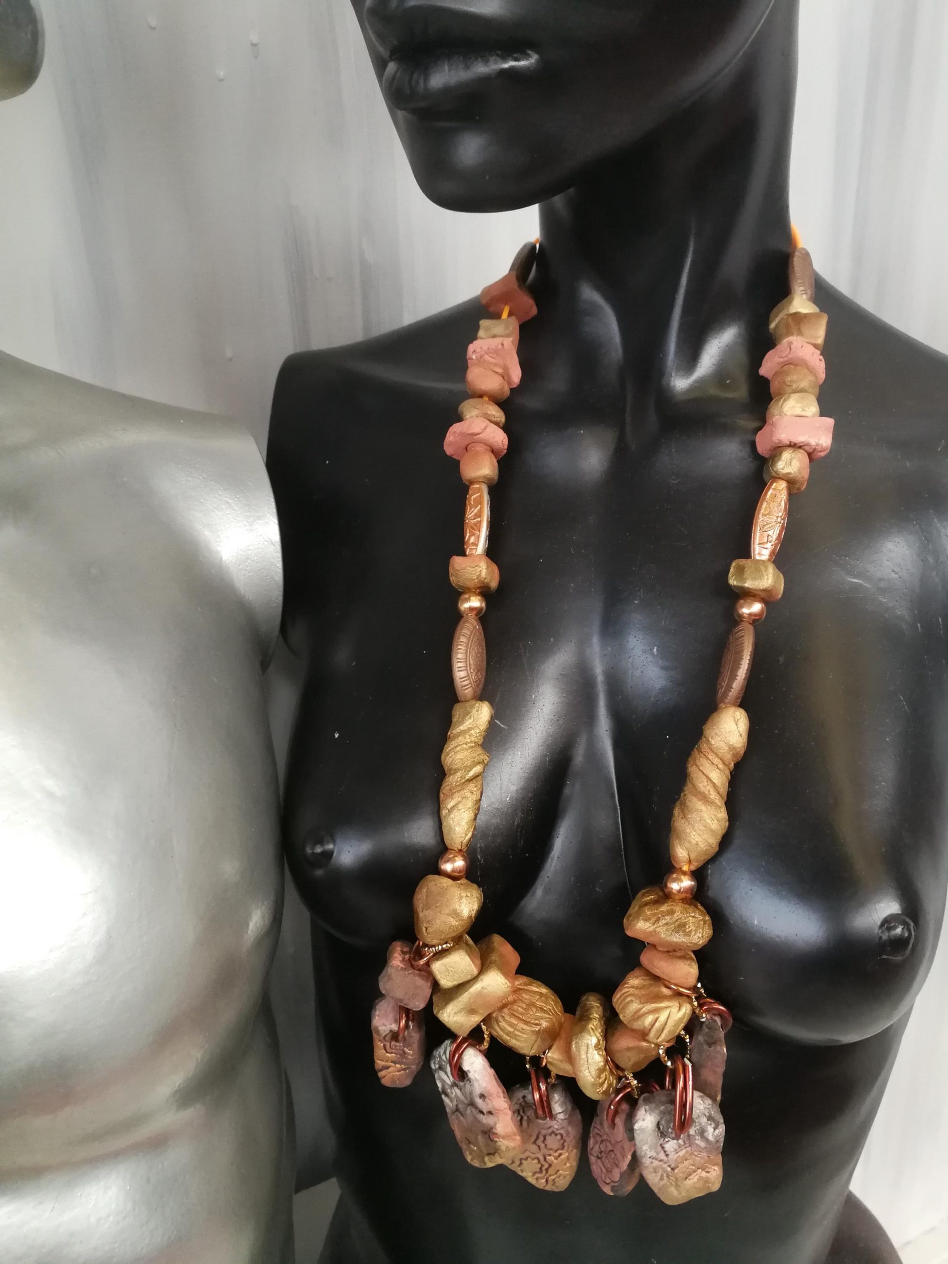 Beaded Necklaces, Boho Jewelry Earth Tone Bib, Chunky Handmade Stone Jewelry, Brutalist Pendant Charm