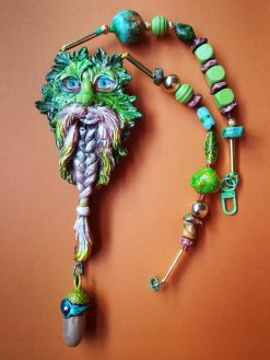 Designer Jewelry, Chunky Beaded Pendant Forest Spirit Guide, Wizard Little People, Locket Necklace Charm