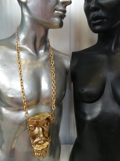 Antique Greek Statue, Head Face Portrait Sculpture Necklace, Pendant Chunky Jewelry Statement Brutalist Chain