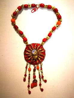 Red & Gold Sun Face Pendant Necklace, Beaded Dangles OOAK Wearable Art Statement Bold Jewelry