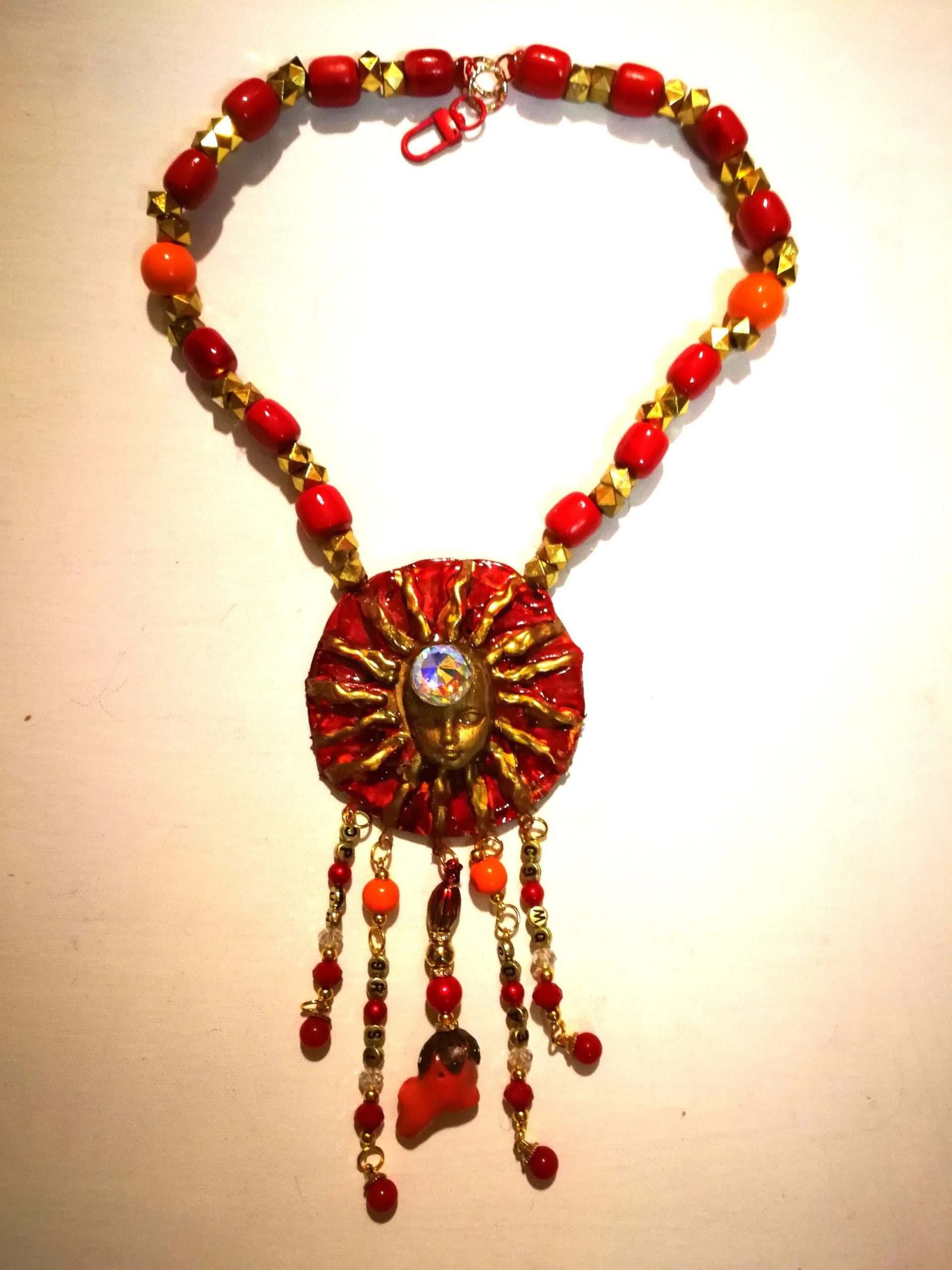 Red & Gold Sun Face Pendant Necklace, Beaded Dangles OOAK Wearable Art Statement Bold Jewelry