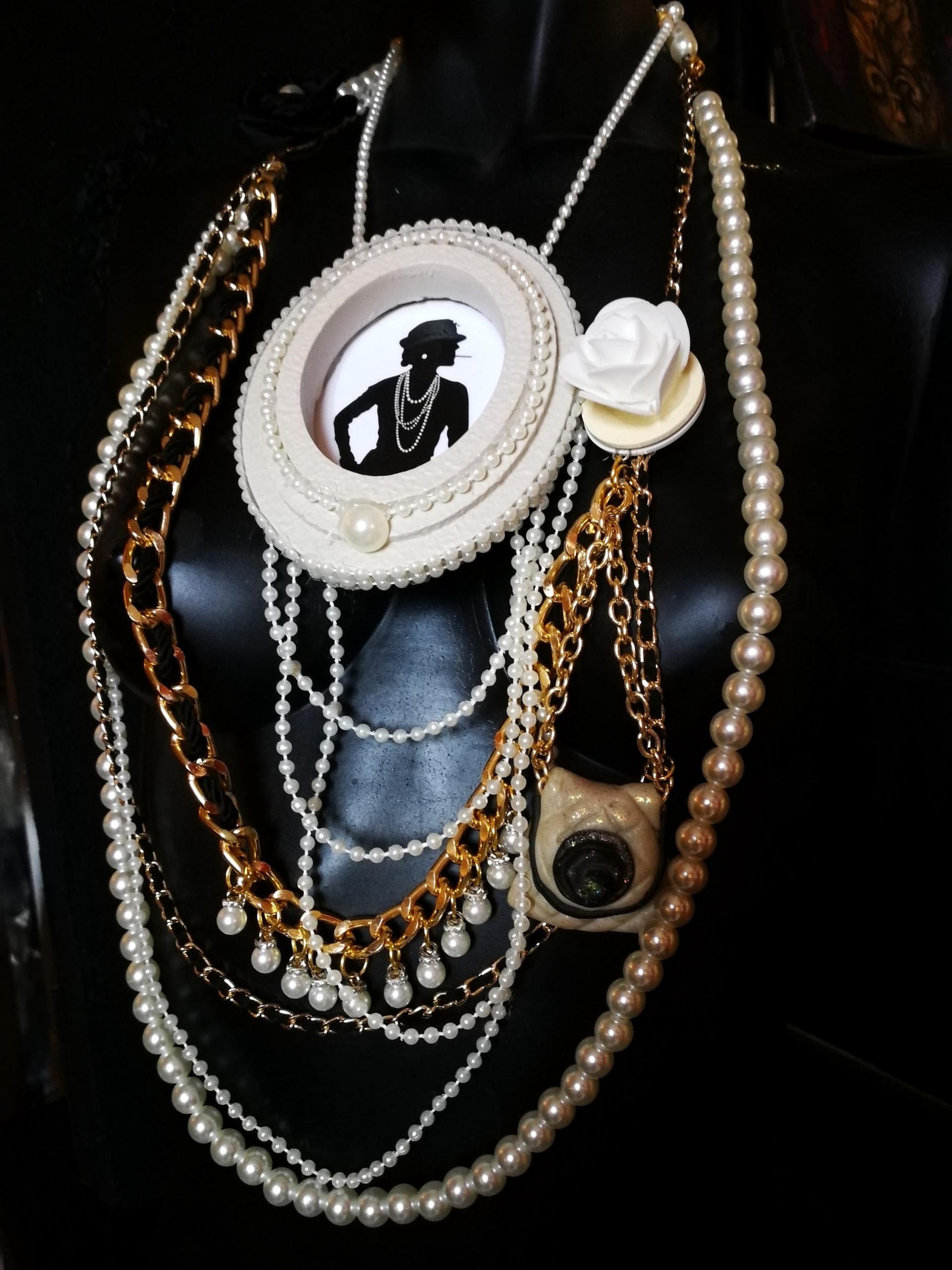 Assemblage Jewelry Vintage Cameo Silhouette, Elegant Classic Statement Pendant, Madame Coco Chain Pearl Necklace
