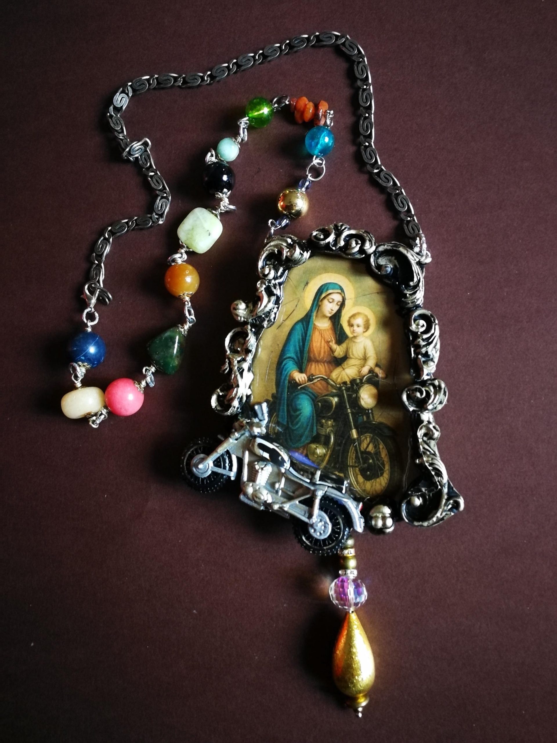 Holy Pop Jewelry, Ironic Vibes Religious Baroque Style, Orthodoxe Icon Necklace, Madonna with Child Motocycle Pendant