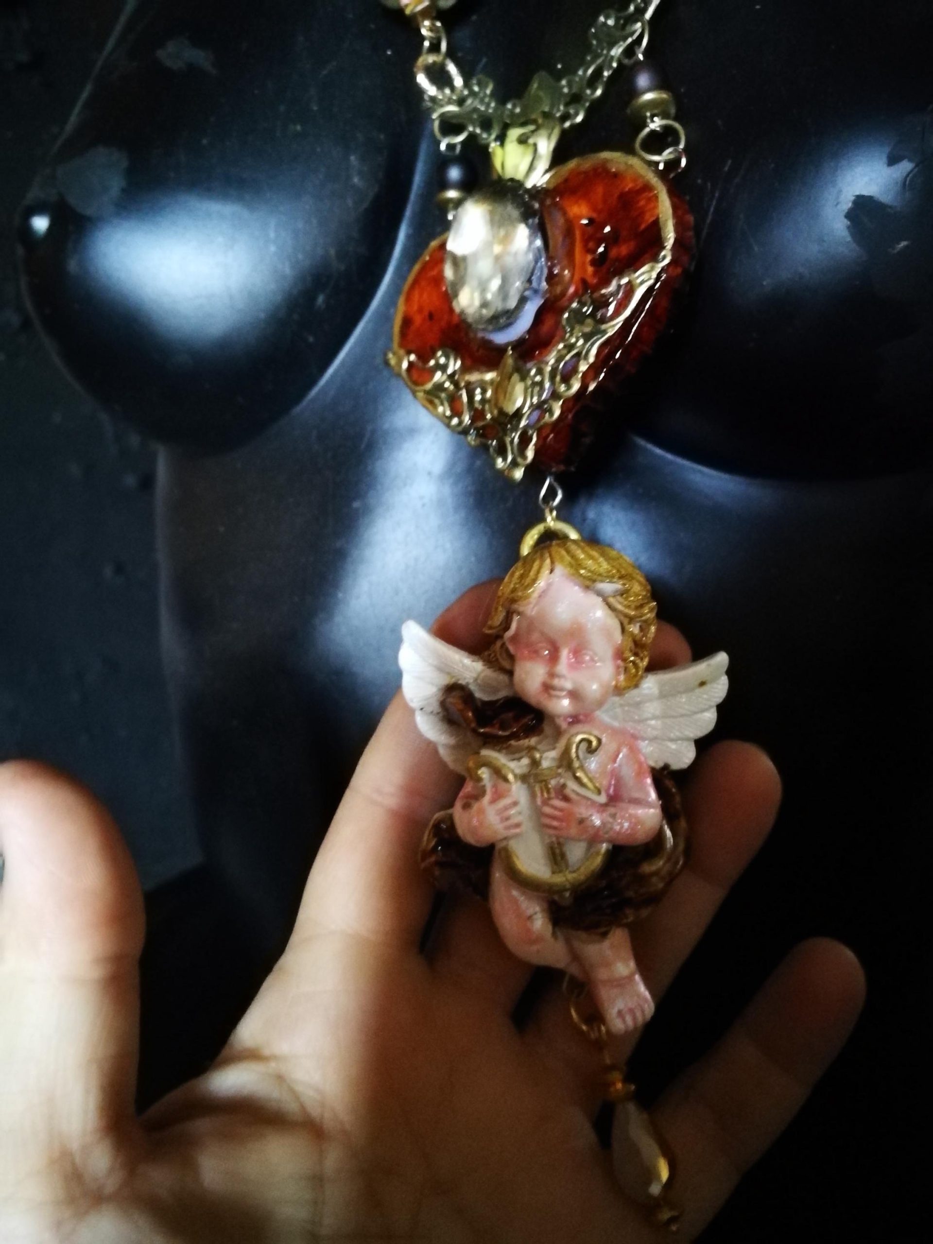 Vintage Jewelry Baroque Jewellery, Music Making Angel Winged Archangel Pendant, Rococo Necklace Antique Cherubim
