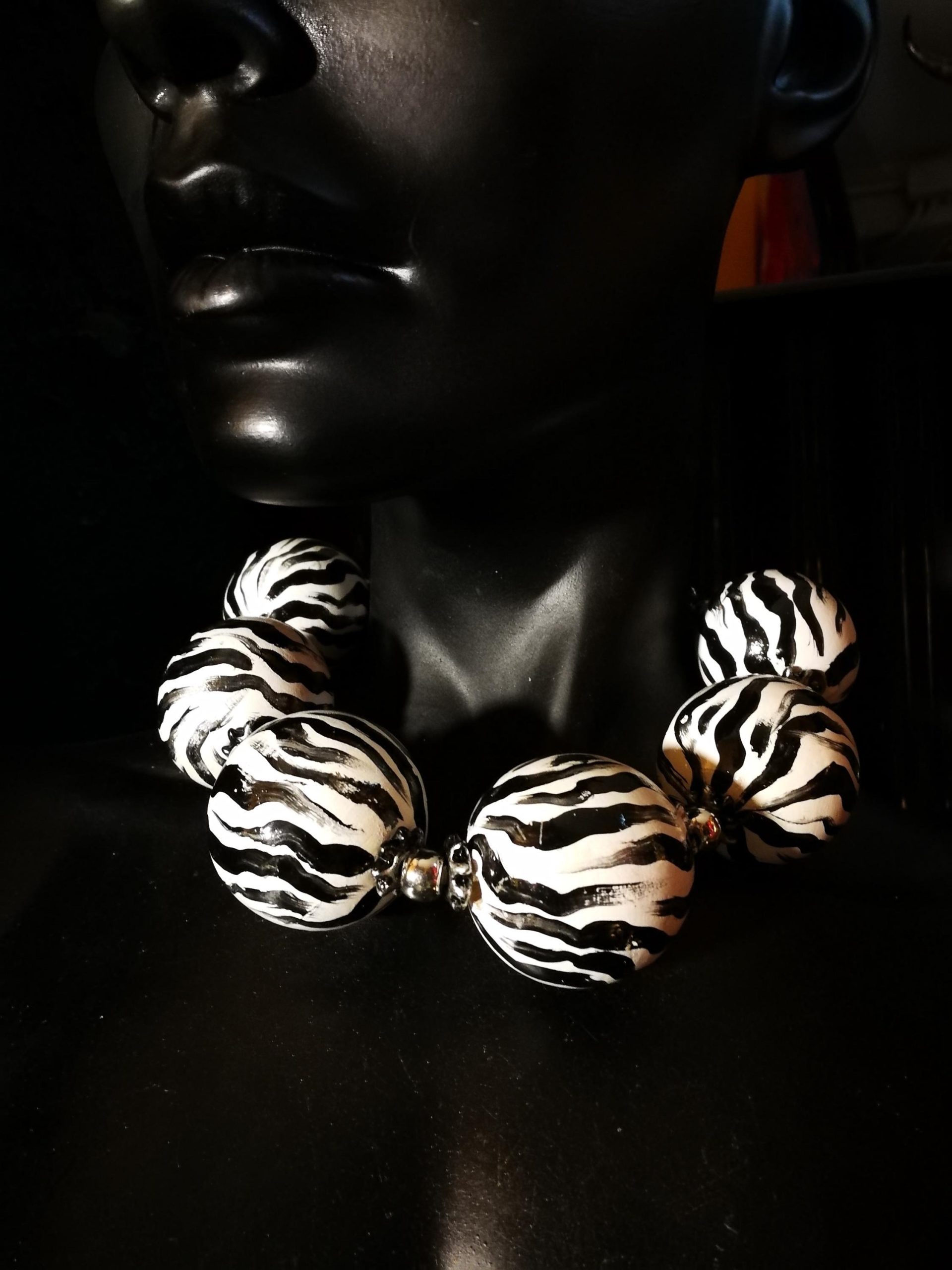Oversize Beaded Necklace, Hand Painted Zebra Black & White Statement OOAK Couture Jewelry Sculptured Wild
