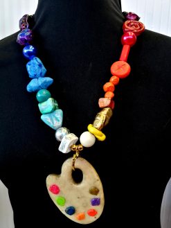 Artist Palette Pendant, Woman Painter Statement Jewelry, Beaded Handmade Sculpture Big Bold Chunky Necklace