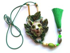 Statement Necklace - Animal Pendant Luxury Art Jewelry - Mountain Bear Forest Totem Sculptural Beaded Design