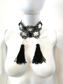 Maie Antoniette Collar, Strass Choker Jewelry, Embroidered Lace Crystal Bib, Victorian Baroque Necklace Tassel Charm