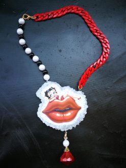 Betty Boop Figurine Whimsical Statement Necklace, OOAK Kiss & Lips Jewelry Old Hollywood Femme Fatale