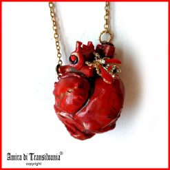 Anatomical Heart Red Necklace, Bee Nest Pendant Lucky Charm, Sculptural Statement Jewelry Choker Chain