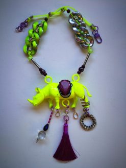 Rhinoceros Necklace, Designer Jewelry, Extravagant Pendant Animal Rhino, Whimsical Charm Beaded Oddities Locket Bib