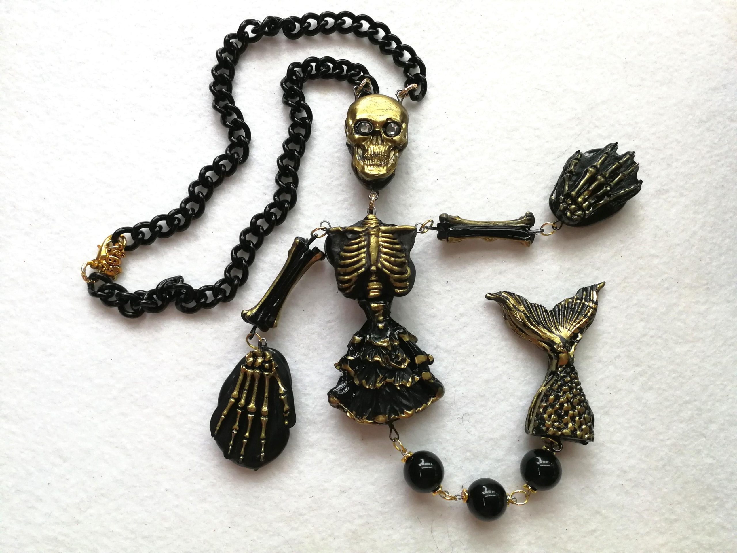 Macabre Jewelry Dark Necklace, Skull Skeleton Pendant, Gothic Punk Jewellery, Creepy Hauted Siren Mermaid