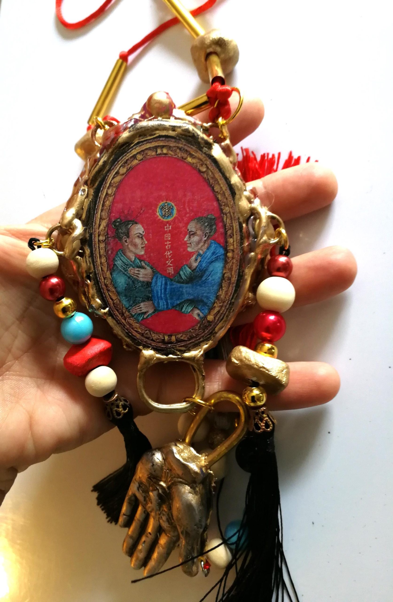 Buddha Jewelry, Statement Necklace Chunky Tribal Beaded Choker, Buddhist Pendant & Dragon Eye Sculptural Luxury