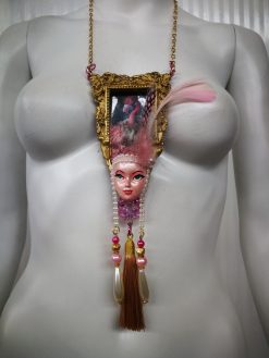 Pink Flamingo Jewelry, Exotic Bird Pendant, Doll Head Sculpture, Baroque Charm Necklace Feather & Tassel