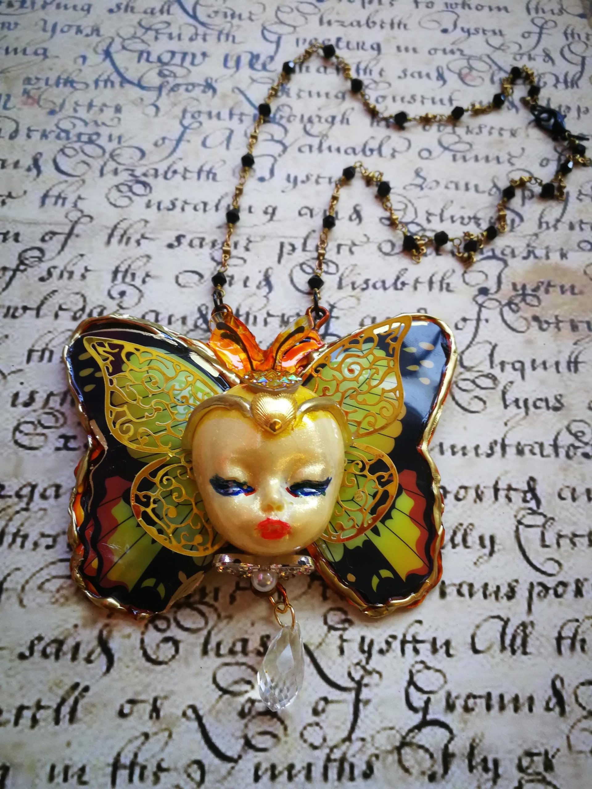 Butterfly Necklace, Doll Head Pendant Statement Jewelry, Sculptural Liberty Belle Epoque Golden Age Charm