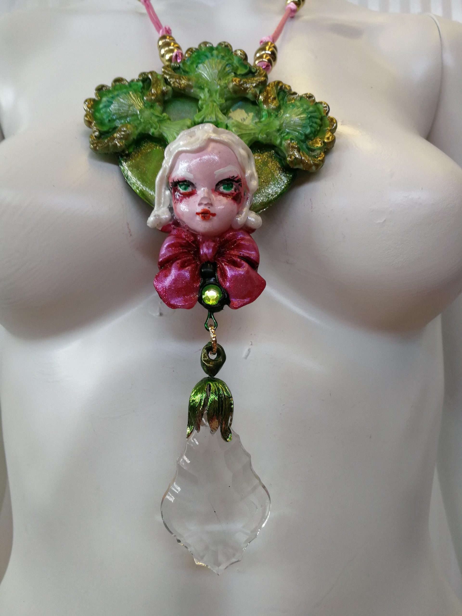 Statement Jewelry, Belle Epoque Sculpture Pendant, Four Leaf Clover Necklace Bib, Flower Crystal Charm