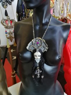 Gothic Necklace, Doll Head Sculpture Pendant, Wednesday Addams Goth Jewel Charm, Fairy Tale Jewelry