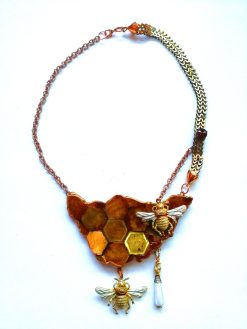 Statement Jewelry, Queen Bee Necklace Luxury Gold Bumble Honey Insect Pendant Sculptural Gemstone Charm