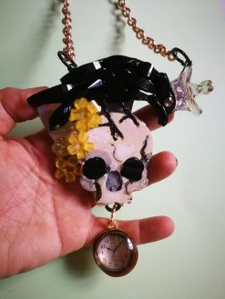 Victorian Gothic Jewelry, Baroque Statement Pendant Memento Mori, Skull Crowned Crow Black Raven Necklace