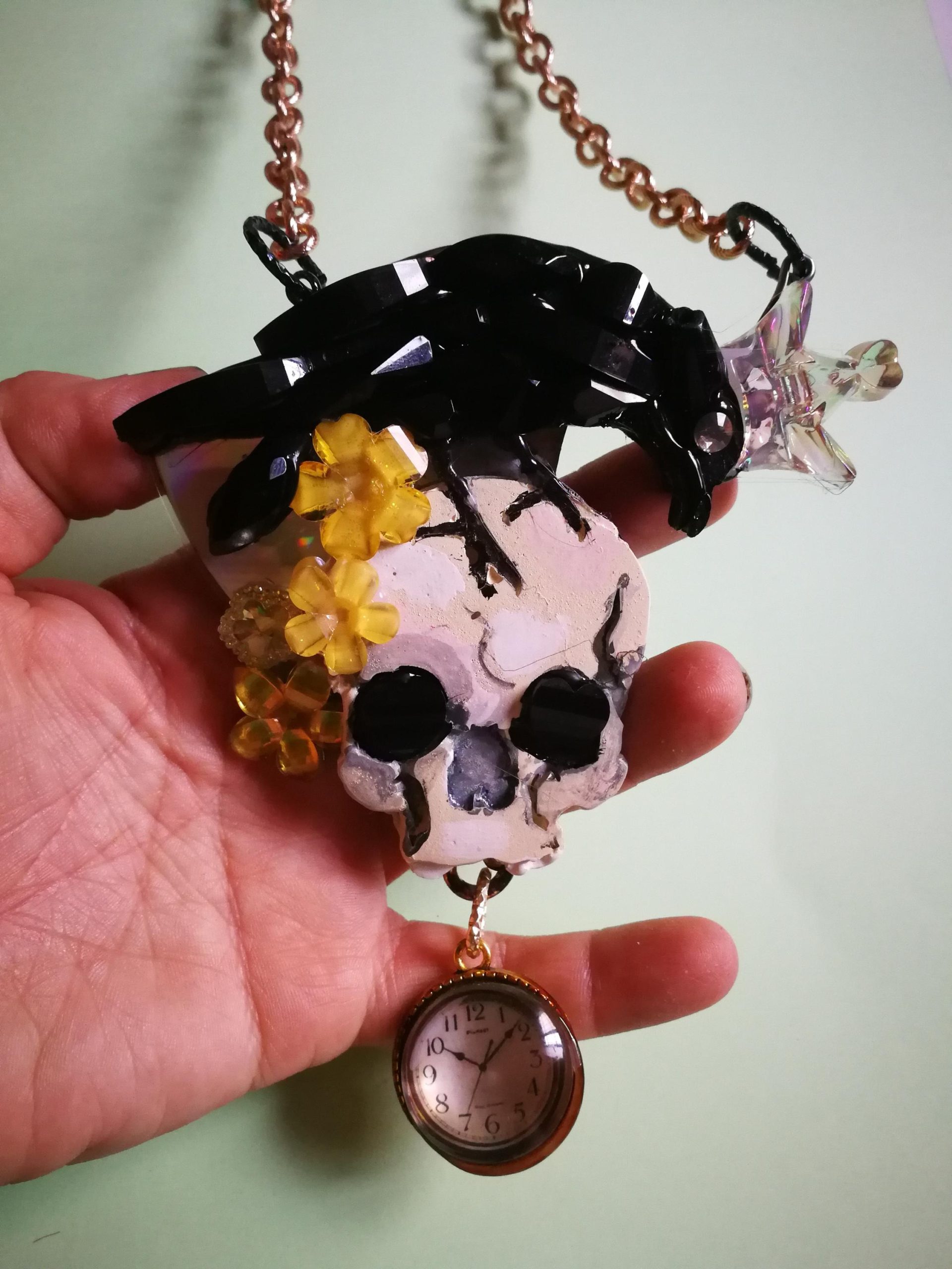 Victorian Gothic Jewelry, Baroque Statement Pendant Memento Mori, Skull Crowned Crow Black Raven Necklace