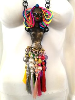 African American Doll Statement Necklace, Chunky Bold Sculpture Jewelry, Tassel Pendant Chain & Beaded Charm