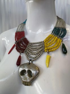 Mexican Jewelry, Ethnic Glamour Necklace, Whimsical Skull Pendant, Luxury Boho Charm Tribal Horn Gemstone