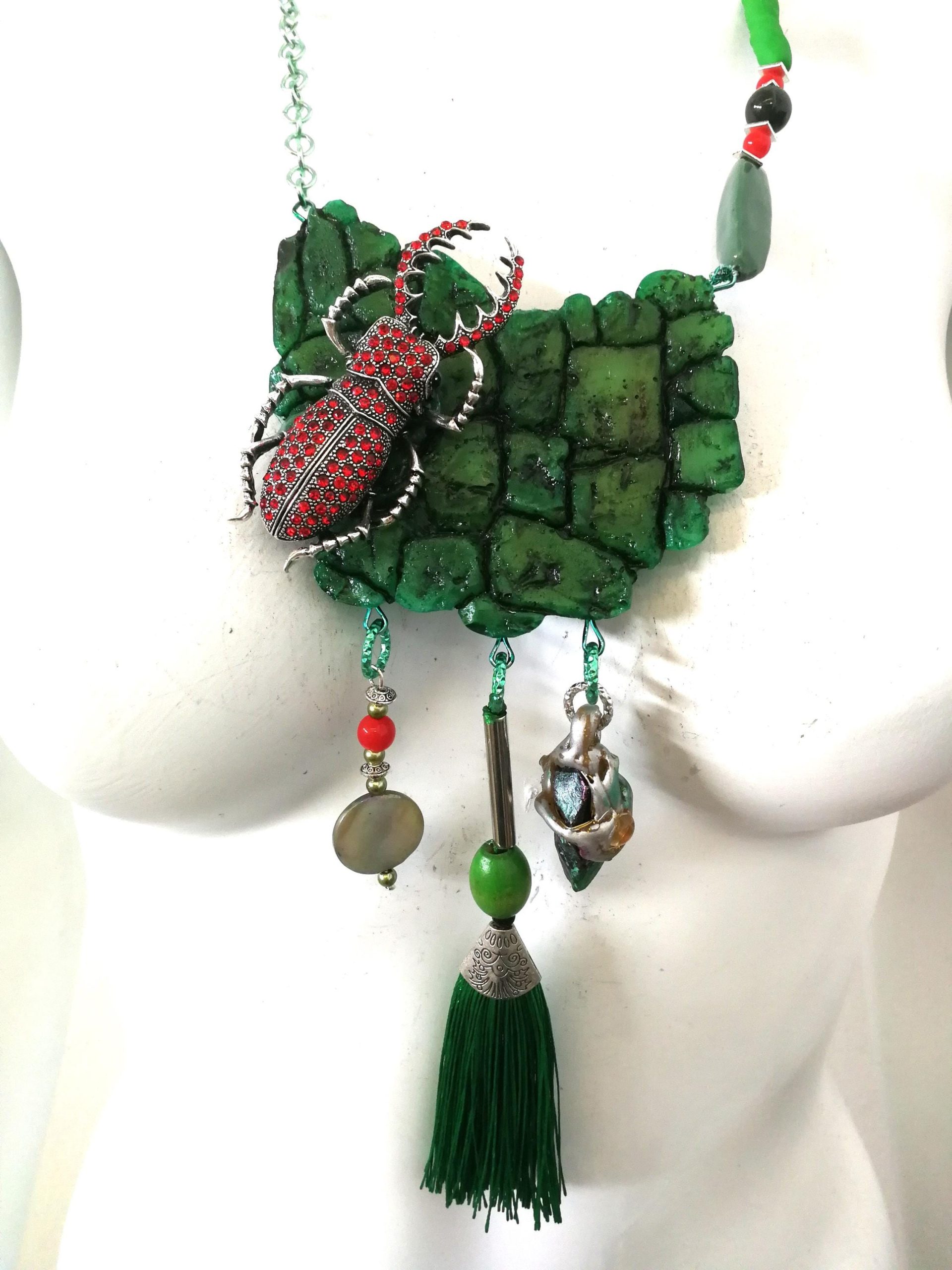 Scarab Beetle Pendant, Insect Necklace Forest, Maximalist Luxury Statement Jewelry Bib Tassel Charm Stone