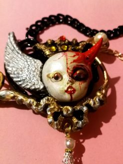Angel and Demon Pendant, Vintage Doll Necklace, Devil Horn Jewelry, Winged Cherub Beaded Charm