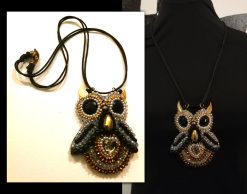 Owl Pendant, Statement Jewelry Nocturnal Bird Gothic Necklace, Embroidered Pendant Beaded Pearl Crystal Charm