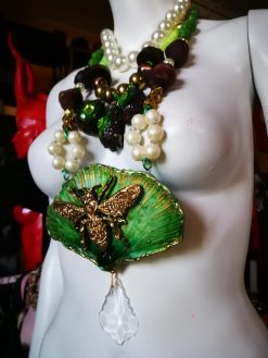 Fine Jewelry, Fan Leaf Bold Necklace, Chunky Pendant Art Nouveau Nature Pearl Crystal Charm