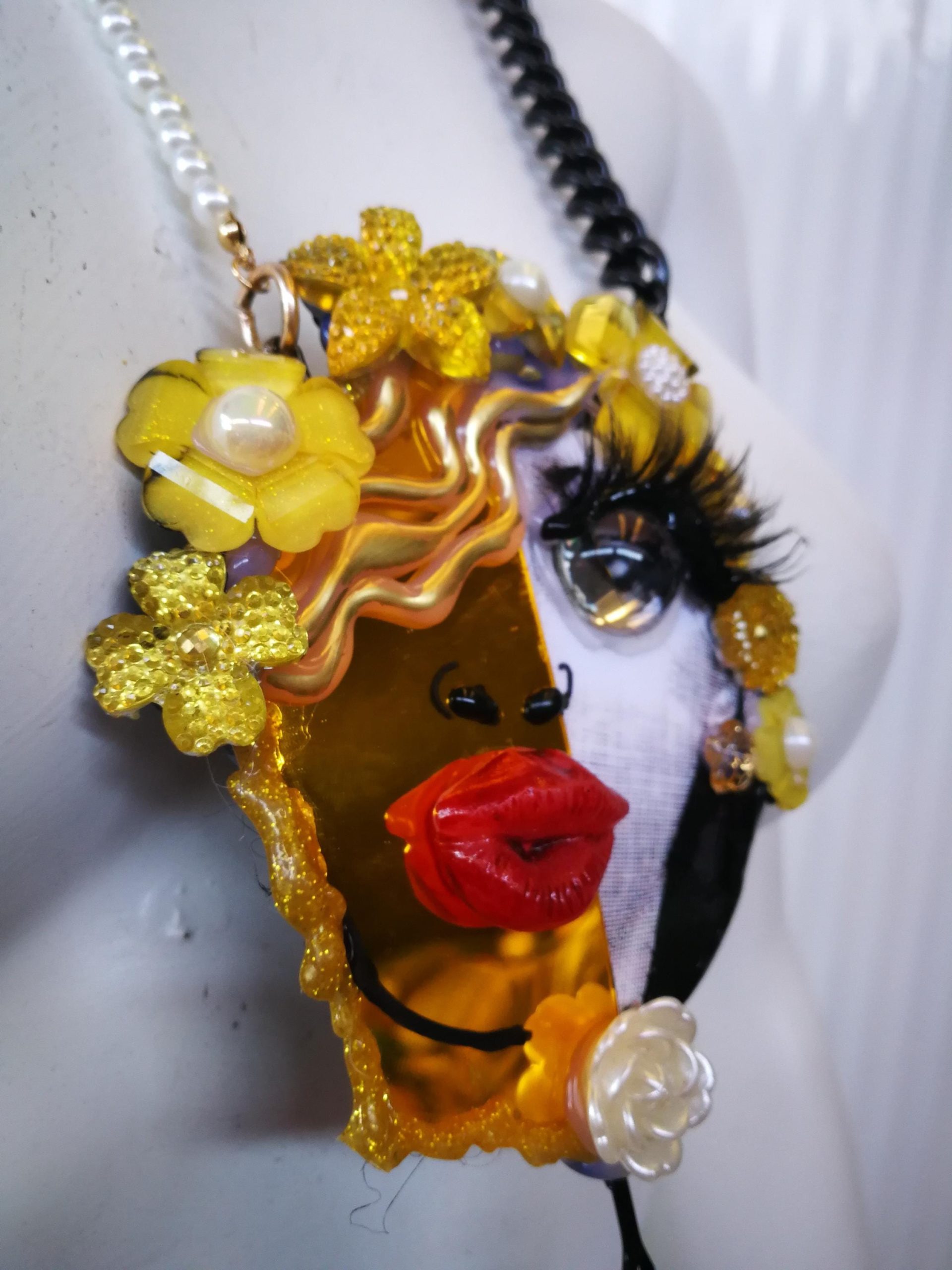 Happy Face Pendant, Brutalist Chunky Portrait, Mirror Eye Lips Pop Art Statement Jewelry Charm