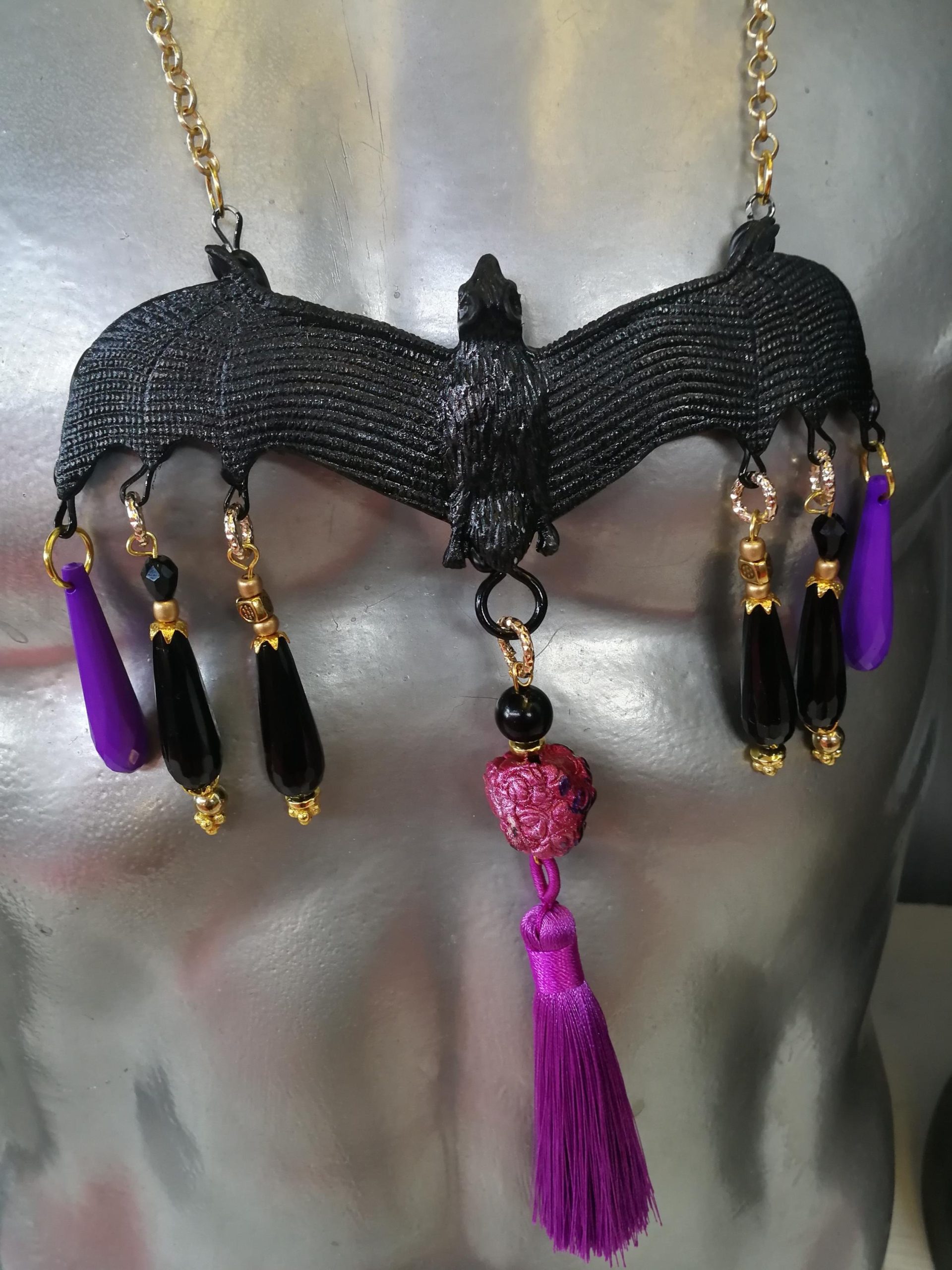 Bat Vampire Jewelry Dark Necklace, Beaded Tassel Pendant Chain, Gothic Punk Rock Jewel Charm