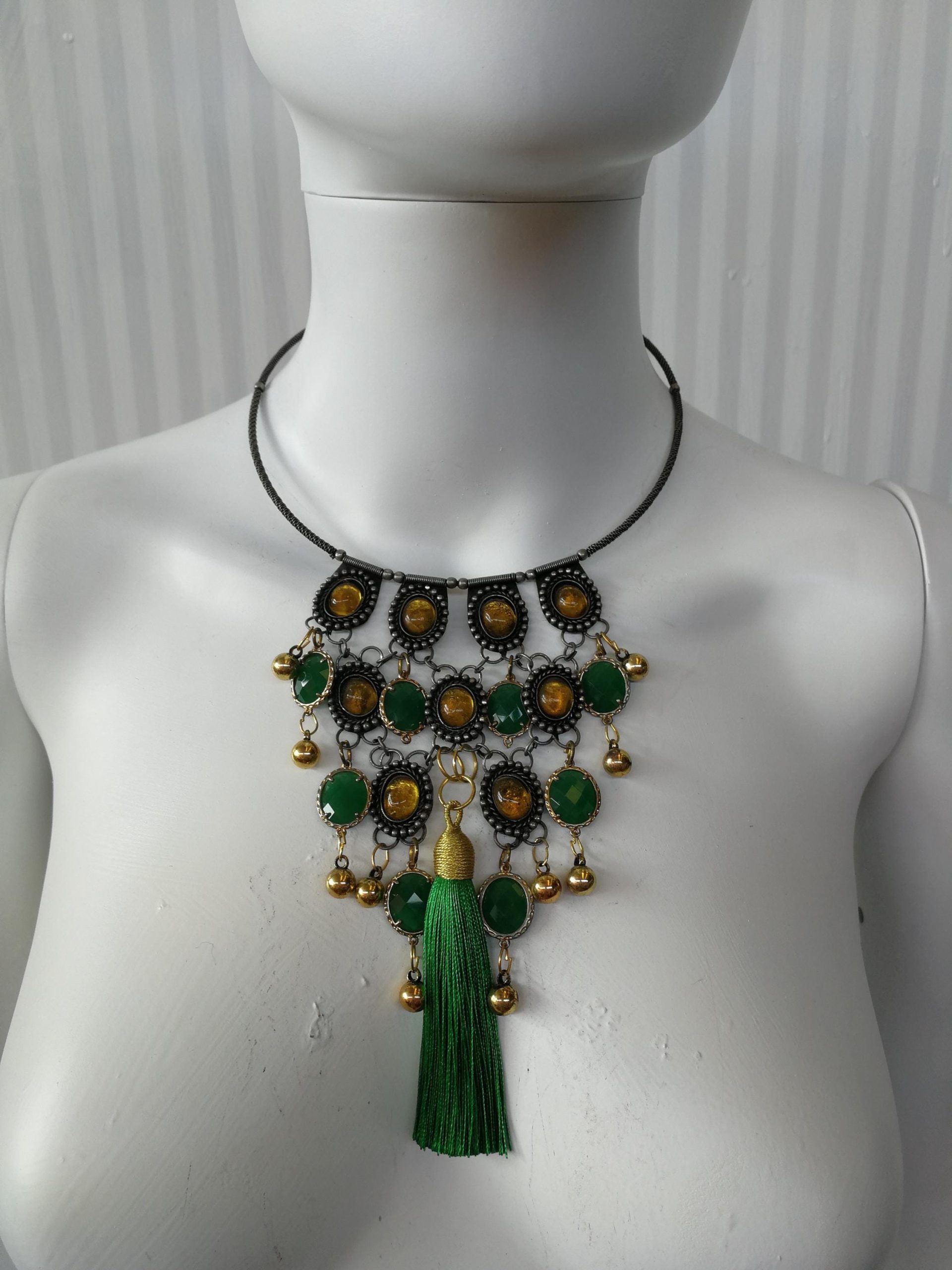 Kelly Green Necklace Crystal Bib Emerald Green Statement Layered Collar Jewelry Luxury Tassel Choker