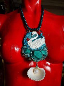 Swan Necklace, Statement Charm Pendant, Seashell Fine Jewelry Sculpture Luxury Turquoise Pearl & Raw Stone