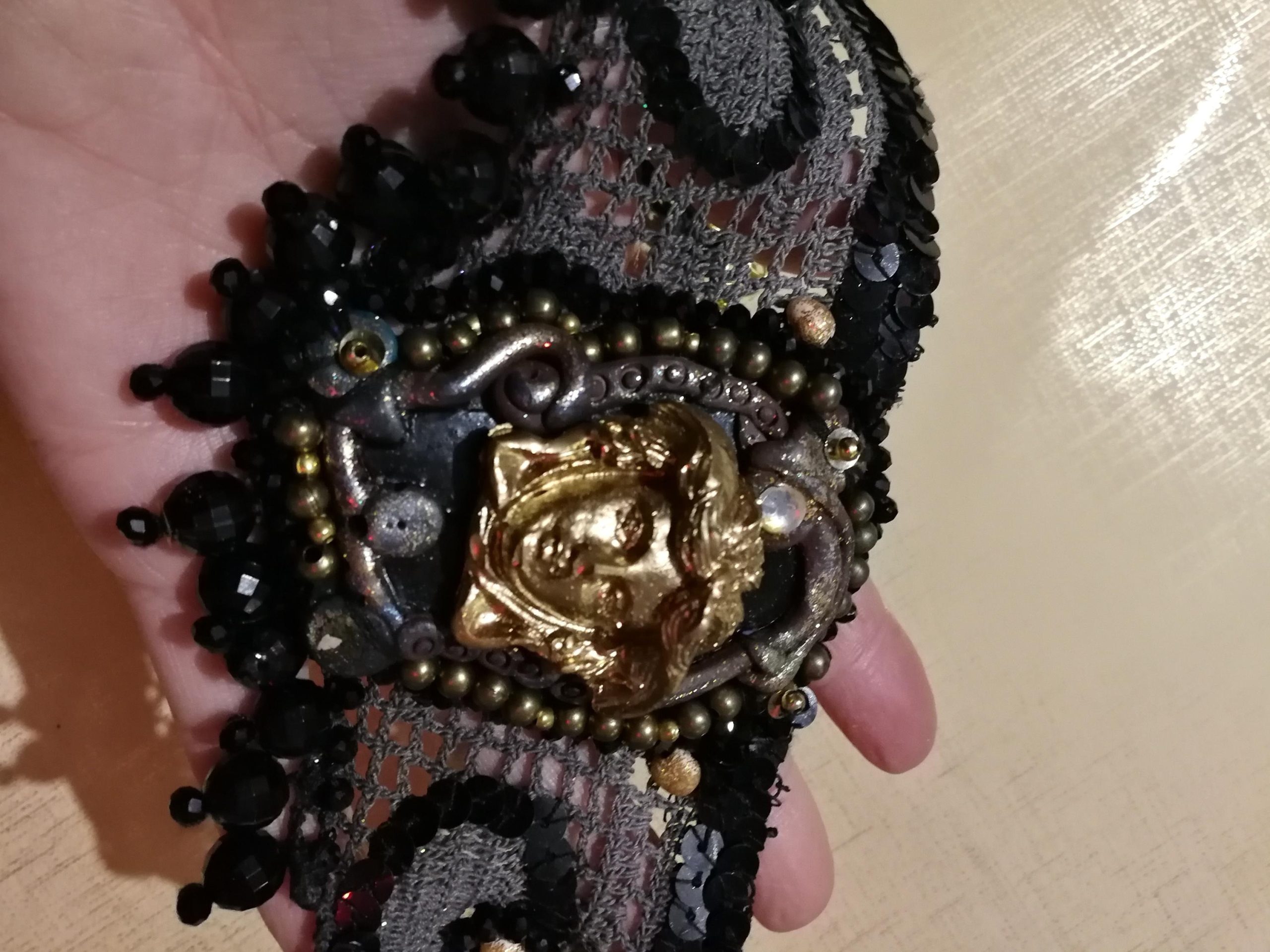 Dark Gothic Choker, Embroidered Macrame Lace Jewelry, Medusa Medallion Necklace Dramatic & Statement Collar