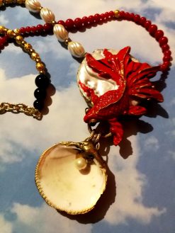 Red Pisces Koi Fish Necklace Jewelry, Natural Shell Pendant Pearl Collier, Luxury Statement Jewellery