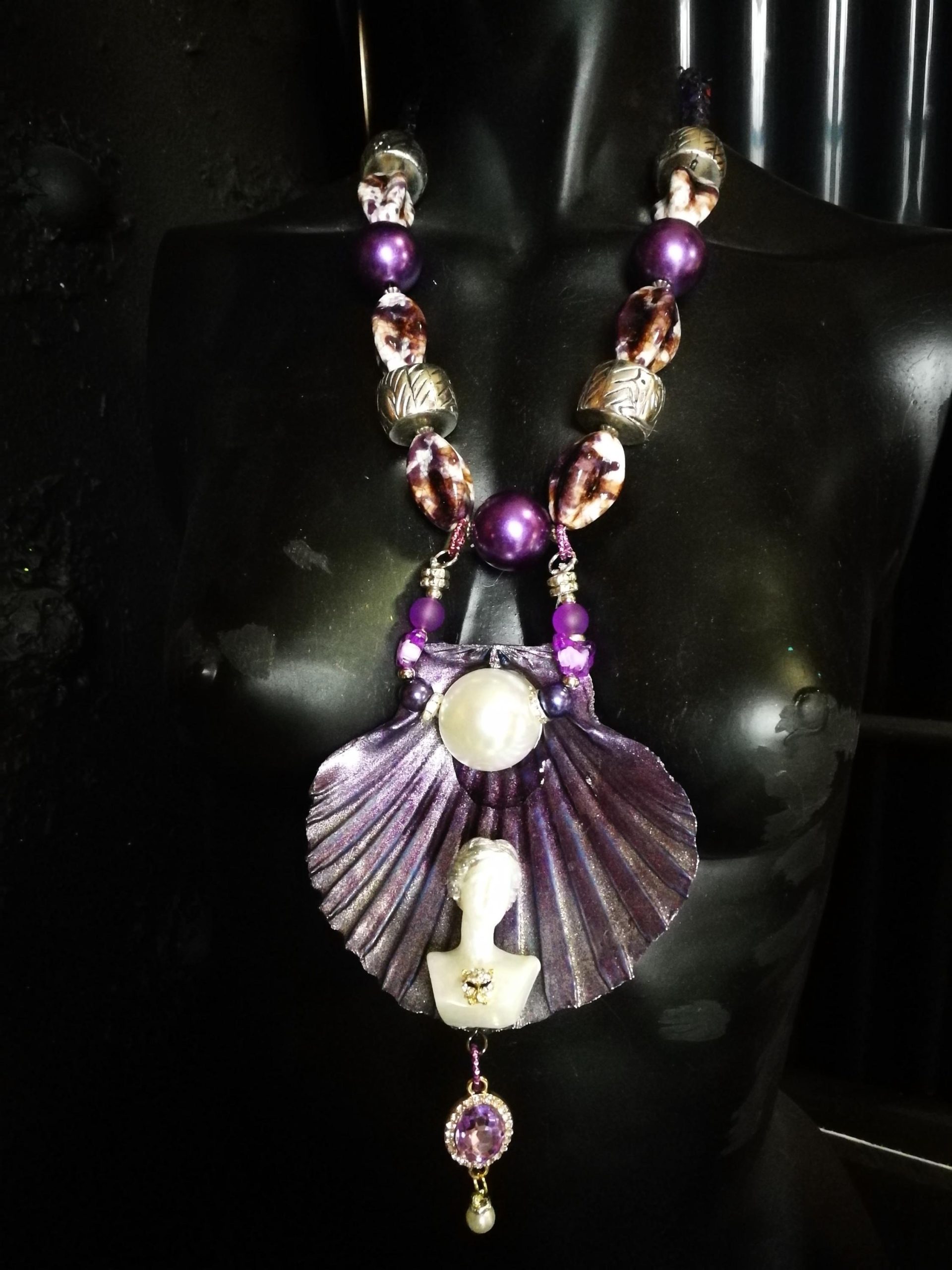Shell Pendant Amethyst Statement Rhinestone Ball Accents Big Bold Chunky Necklaces Design Beaded Jewelry