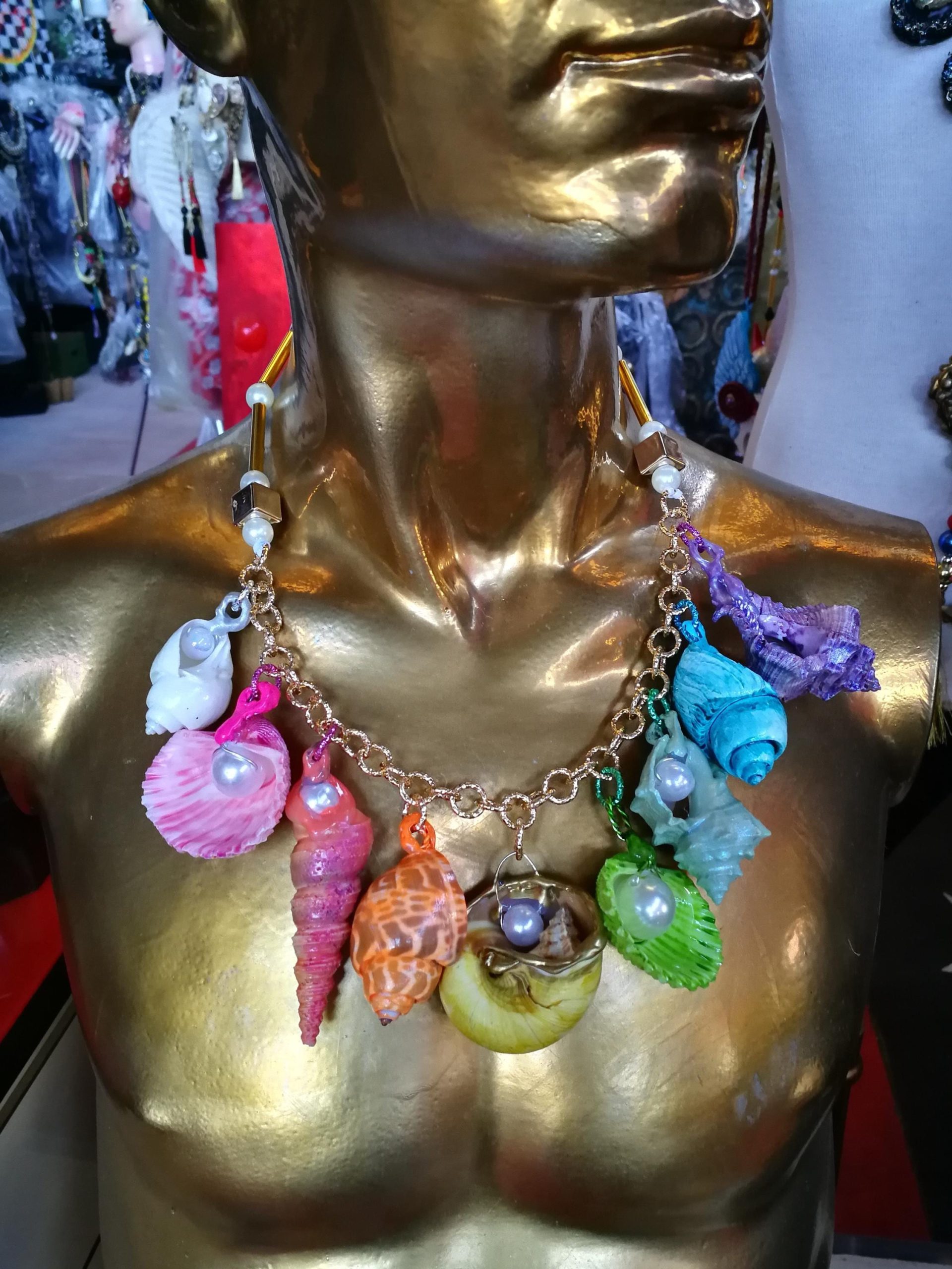 Puka Shell Necklace, Maximalist Design Handmade Painted Natural Seashell Conch Jewelry Rainbow Abalone Multicolored