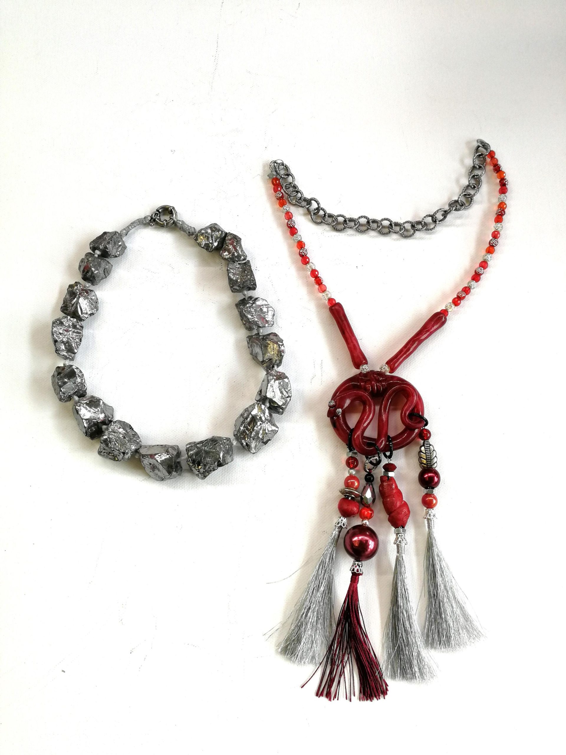 Brutalist Necklace, Chunky Snake Sculptural Pendant, Serpent Statement Jewelry Stone Beaded Chain Pyrite Gemstone