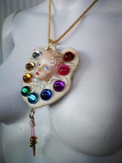 Belle Epoque Jewelry, Art Deco Nouveau Doll Head Sculpture Pendant, Painter Artist Palette Necklace