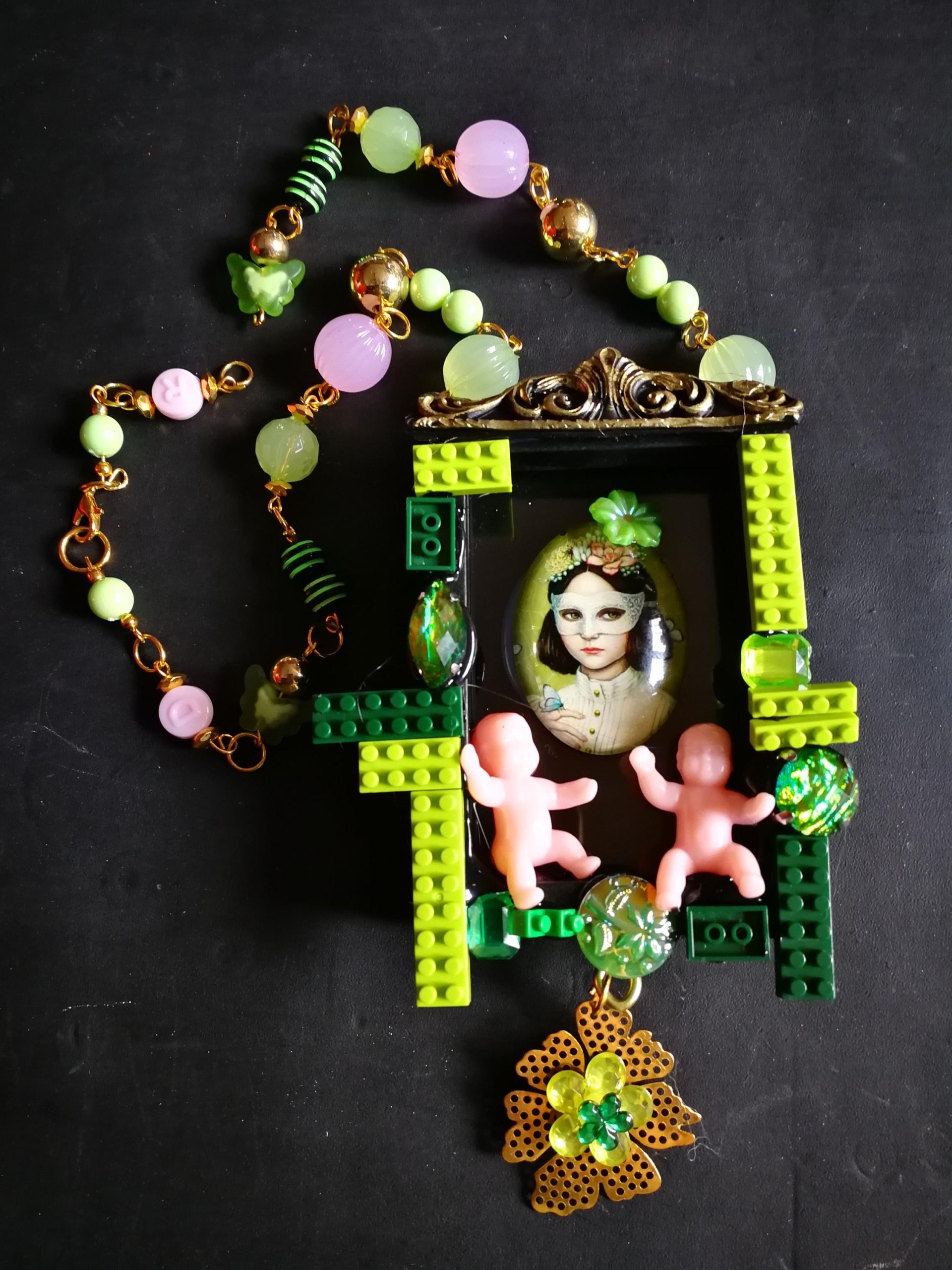 Assemblage Necklace, Vintage Portrait Pendant, Cameo Crystal Beads, Artist Doll Charm Statement Jewelry