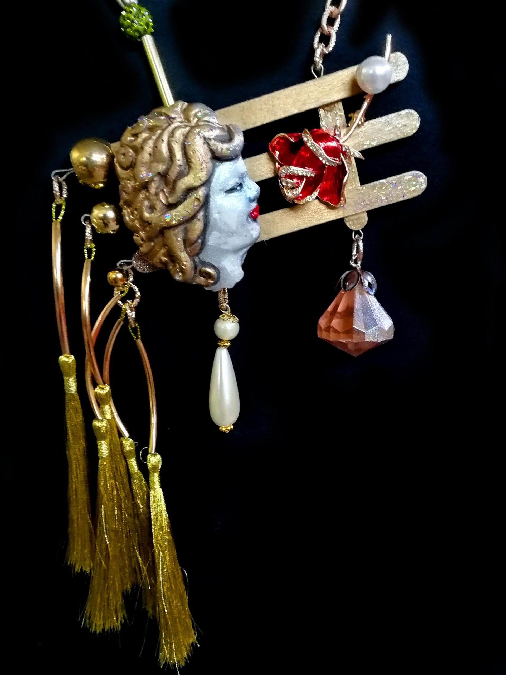 Belle Epoque Jewelry, Statement Doll Head Sculpture Pendant Charleston, Golden Age Liberty Flower Charm