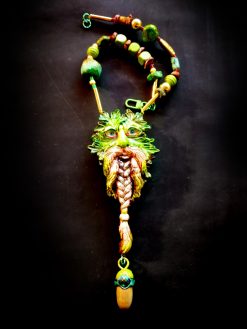 Designer Jewelry, Chunky Beaded Pendant Forest Spirit Guide, Wizard Little People, Locket Necklace Charm