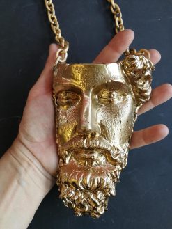 Antique Greek Statue, Head Face Portrait Sculpture Necklace, Pendant Chunky Jewelry Statement Brutalist Chain