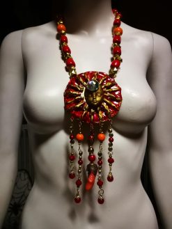 Red & Gold Sun Face Pendant Necklace, Beaded Dangles OOAK Wearable Art Statement Bold Jewelry