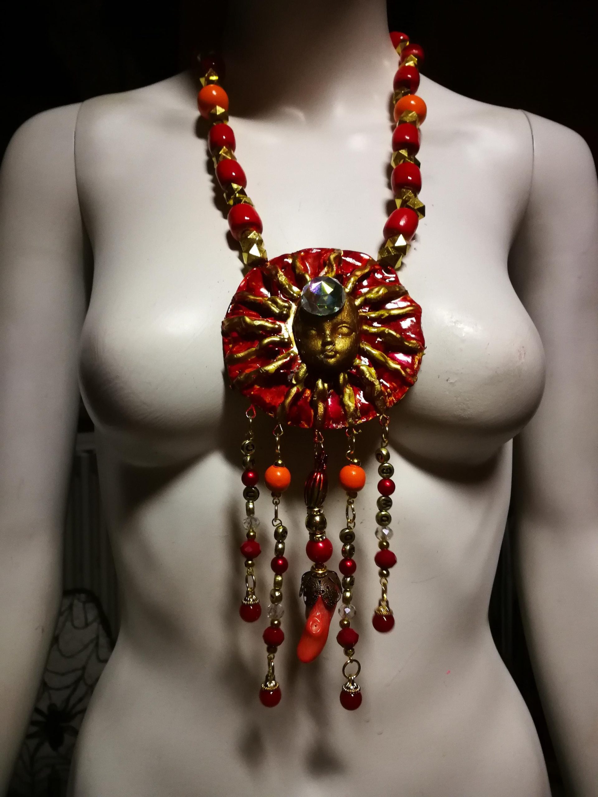 Red & Gold Sun Face Pendant Necklace, Beaded Dangles OOAK Wearable Art Statement Bold Jewelry