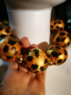 Oversized Necklace Hand Painted Leopard Orb Beaded Statement OOAK Haute Couture Jewelry Sculptured Wild